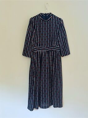 New Navy Polka Dot Midi Dress with Red & White Dots